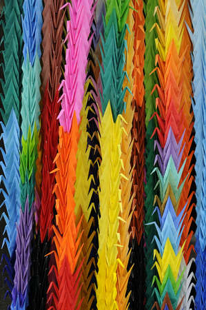 Close-up of origami cranes for peace at the Nagasaki Atomic Bomb Memorialの写真素材