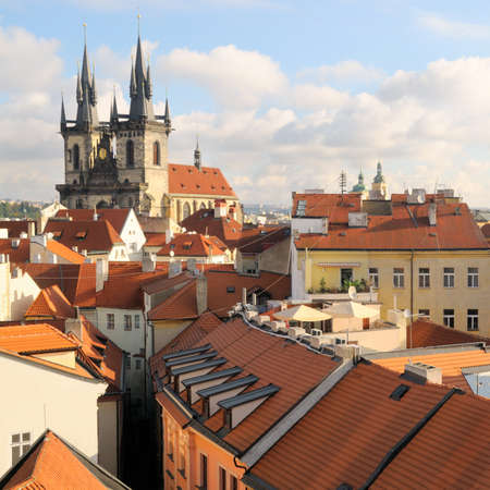 A view to the Church of Virgin Maria Before Tyn and rooftops; Old Town, Prague, Czech republic の写真素材