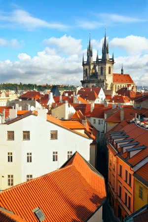 A view fron the roof top to the Church of Virgin Maria Before Tyn and rooftops of Old Town in Prague, Czech republicの写真素材