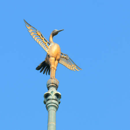 A crane bird with wings outstretched; Kyoto, Japan のeditorial素材