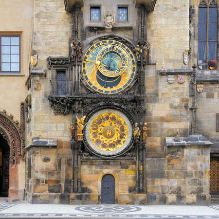 Prague Astronomical Clock, built in to one side of the Old Town Hall Tower, with a bit of adjucent pawement in frontの写真素材