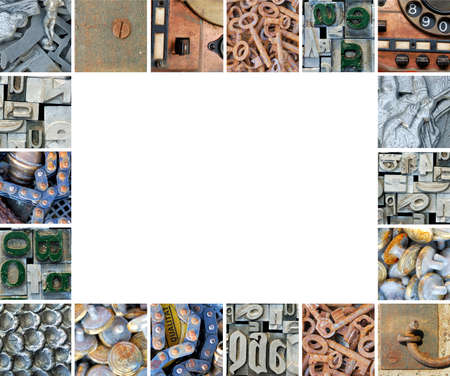 Fragments of pictures of metal junk from flea market assembled in a frameの写真素材