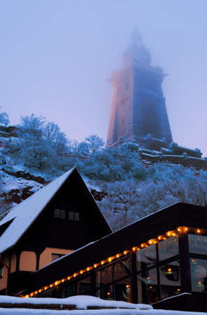 Kyffhauser Monument with illuminated restaurant in front. Germany, border of Thuringia with Saxony-Anhalt の写真素材