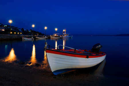 Sithonia, Greece, fishermen boats at nightの写真素材