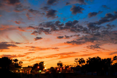 Evening sky over the town of Corralejo, Fuerteventura, Canary islands, Spainの写真素材