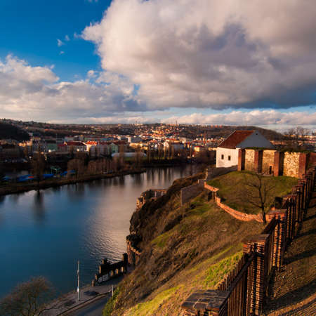 View over Prague low bank from Vysehrad across Vlltavaの写真素材