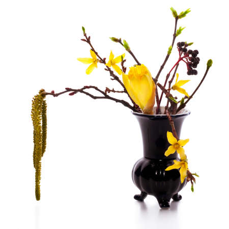 Vase with yellow spring flowers: daffodil and forsythiaの写真素材