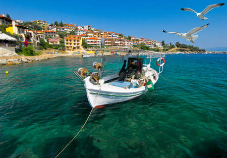 Fishermen boat in Pyrgadikia bay; Chalkidiki, Northern Greeceの写真素材