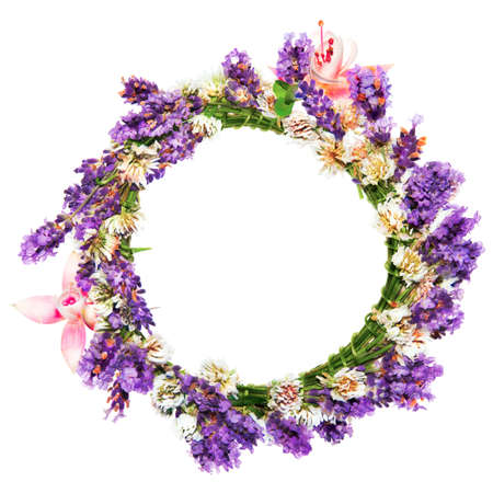 Circlet of flowers, lavender and clover, on white backgroundの写真素材
