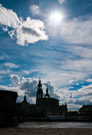 Dresden Old Town in counterlight, with silhouettes of Hofkirche and Residenzschlossのeditorial素材