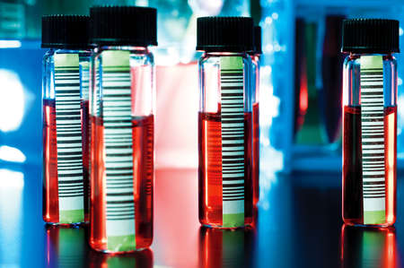 Barcoded medical samples in transparent tubesの写真素材