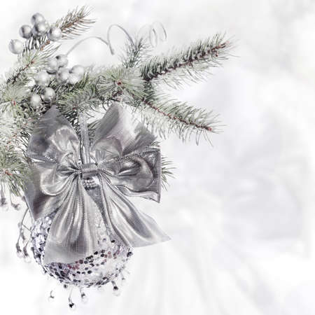 Silver Christmas decorations on abstract backgroundの写真素材