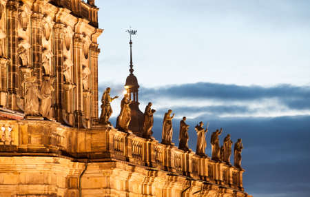 Sculptues on Dresden Hofkirche in twilight illuminatedの写真素材