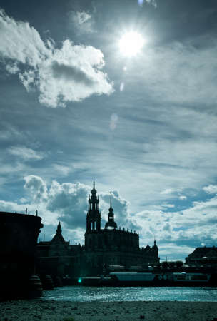 Dresden Old Town in counterlight, with silhouettes of Hofkirche and Residenzschlossの写真素材