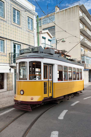 Historical tram in Lisbon partially build from woodの写真素材