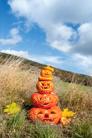 Carved pumpkins by the field on a bright autumn dayの写真素材