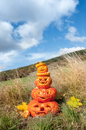 Carved pumpkins by the field on a bright autumn dayの写真素材