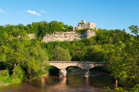 Train bridge over the river and Rudelsburg castle in spring, Thuringia, Germanyのeditorial素材