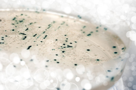 Agar plate with bacterial colonies transformed with plasmid DNAの写真素材