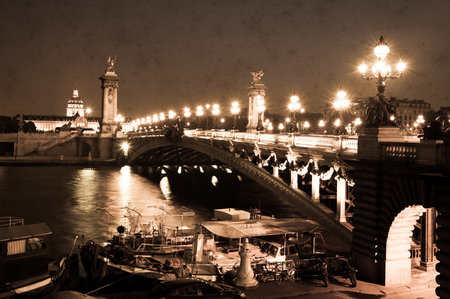 Aged photo of The Pont Alexandre III in Paris, France  Retro style, vintage paper texture