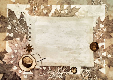 Textured paper with frame made of Autumn leaves, spaceの写真素材