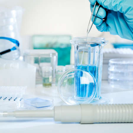 Histochemical staining of tissue samples  Automatic pipette, dye and slide glasses in a coplin jar  の写真素材