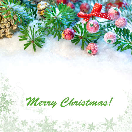 Xmas tree, decorated branches on snow, copy spaceの写真素材