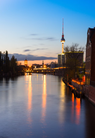 Belin, evening view on Alexanderplatz from river Spreeの写真素材