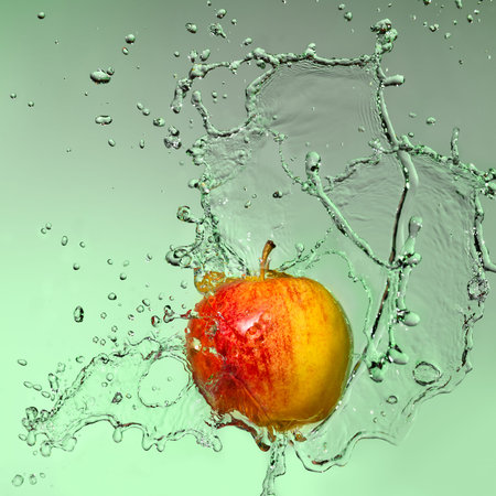 Water splashing over tasty apple on green backgroundの写真素材