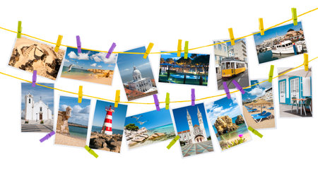 Travel pictures from Portugal hang on colorful pegs on white の写真素材