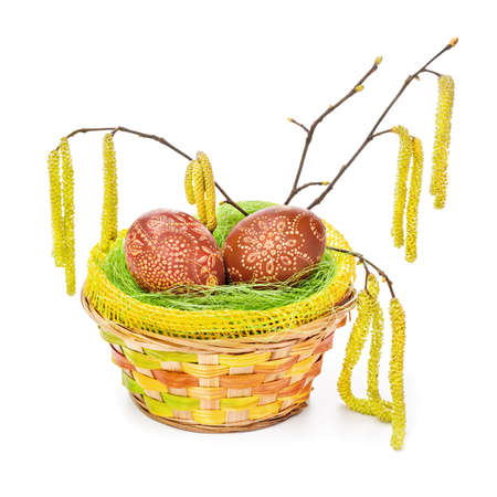 Painted Easter eggs in a basket with alder earrings on white の写真素材