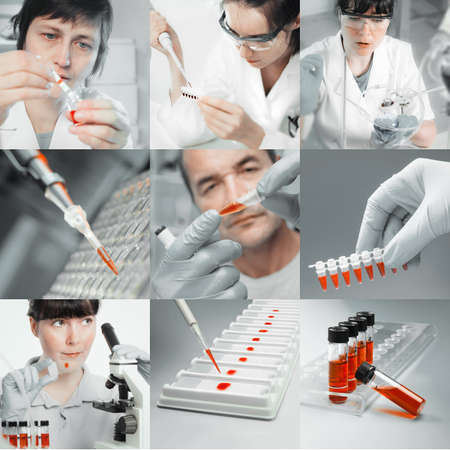 Scientists working with various samples, collageの写真素材