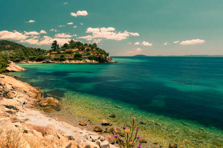 Coast in Sithonia, Halkidiki, Northern Greece, toned imageの写真素材