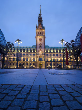 Town Hall in Hamburg at night, front viewのeditorial素材