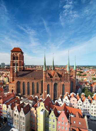 Church of the Blessed Virgin Mary (Polish: Bazylika Mariacka) and roofs of Gdansk city centre