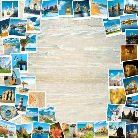 Frame made of old polaroid photos on wooden surface. Text spaceの写真素材