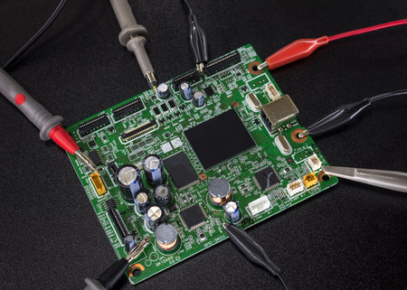 Close-up of electronic circuit board with several microchips with tools and wires around