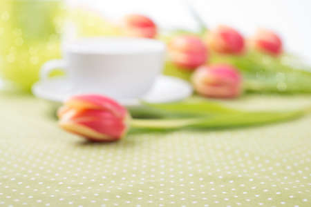 Background with red tulips on the table and white tea cup out of focus, space for your textの写真素材
