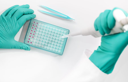 Hands in gloves assemble PCR reaction for DNA analysis