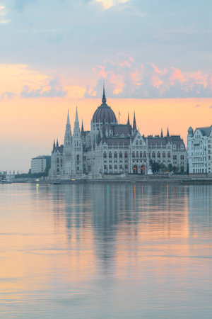 Parliament building in Budapest Hungary at dawnの写真素材