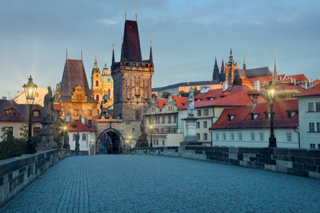 Charles Bridge and Mala Strana with Prague Castle in the morning