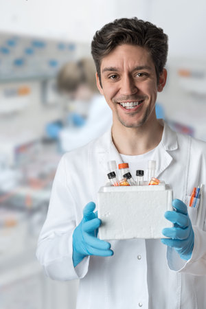 Smiling male scientist with brown eyes and curly hair holds box of samples