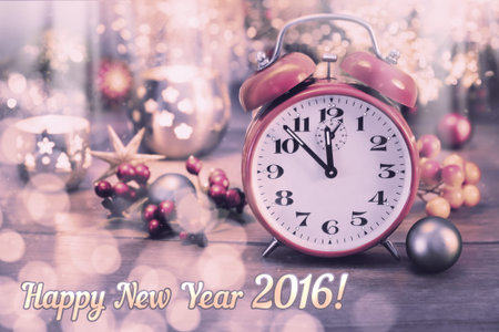 Greeting card Happy New Year 2016! with vintage clock and sparkling decorations. This image is...