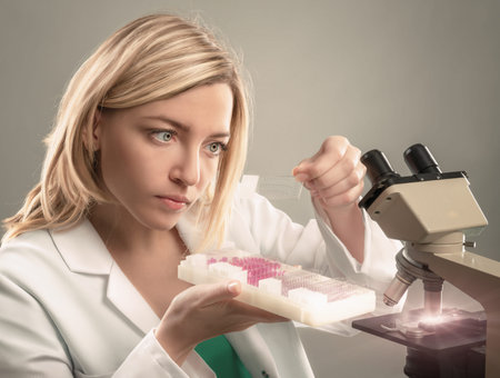 Young female microscopist in white coat selects a tissue sample for microscopic analysis. This image...