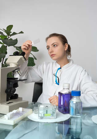 Young female microscopist in white coat selects a tissue sample for microscopic analysisの写真素材
