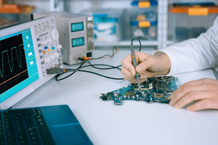 Tech fixes motherboard in service center. Shallow DOF, focus on hand and part of motherboard. This...