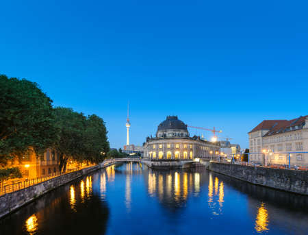 Night time illuminations of Museum Island in Berlin, Germany. Panorama image, that has been tinted.のeditorial素材