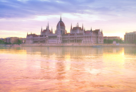 Parliament building in Budapest, Hungary, im mornign mist.の写真素材
