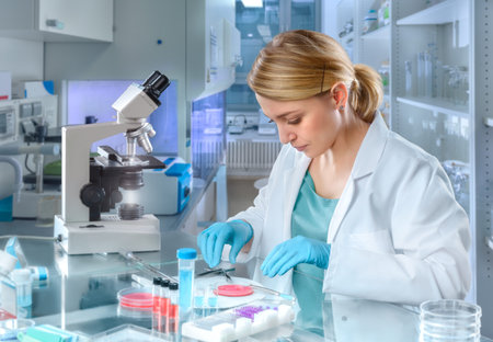 Young female scientist dissects tissue samples for cell culture in modern laboratory