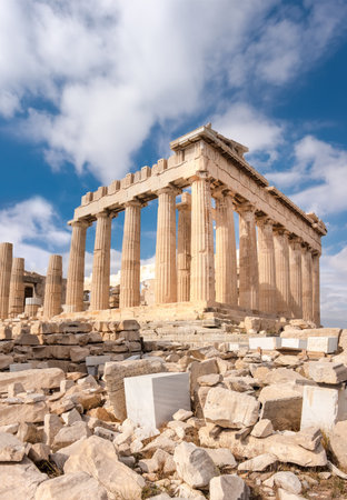 Parthenon temple on a bright day. Acropolis in Athens, Greece. Vertical panorama image.